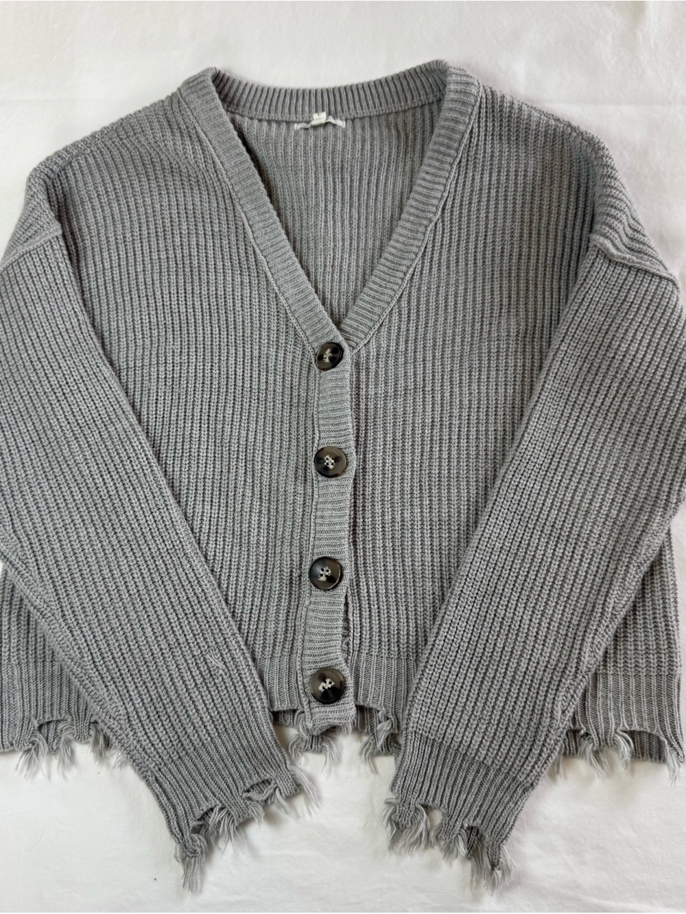Naurces Gray Distressed Hem Button Front Chunky Knit Cardigan C